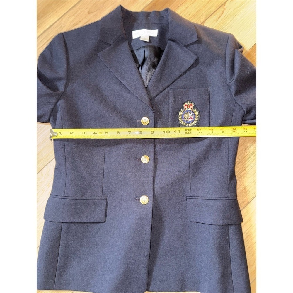 Petite Sophisticate Blazer Womens 4P Navy Stretch Knit Gold Crest wool Classic - Picture 7 of 11